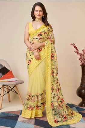 chikankari, fil, sari en filet doux brodé en jaune SR25528