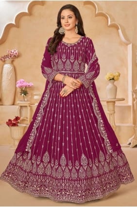 Costume Anarkali marron en fausse georgette brodé AS3779