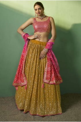 Georgette brodée jaune moutarde Lehenga Choli LC7489