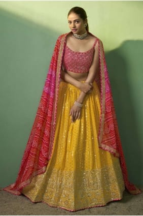 Georgette brodée jaune moutarde Lehenga Choli LC7493