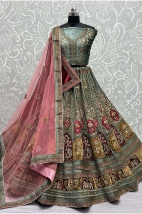 Lehenga Choli vert pista en velours brodé LC7507