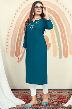 Kurti en coton bleu à la main KTI2294