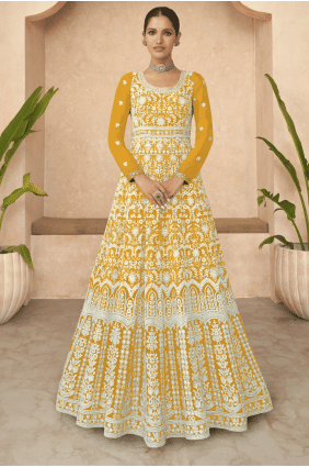 Costume Anarkali brodé en georgette jaune AS3782