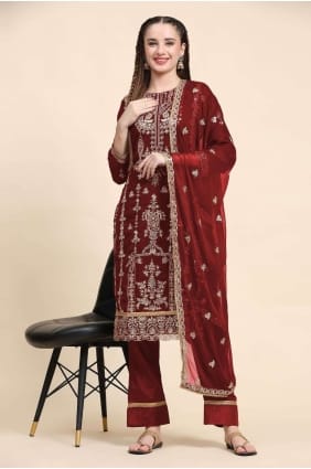 Salwar Kameez brodé en fausse georgette marron sk153829