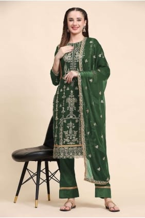 Fausse georgette Salwar Kameez en vert avec broderie SK153830