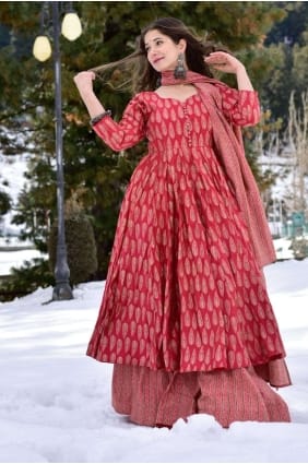 Costume palazzo en mousseline rouge cramoisi avec impression numérique PZ3780