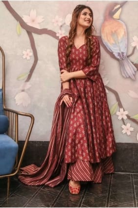 Costume palazzo marron imprimé numérique en mousseline avec dupatta PZ3783