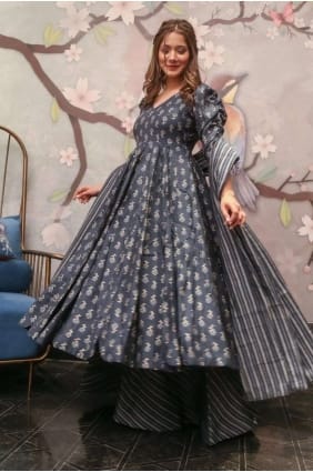 Costume palazzo gris en mousseline avec impression numérique PZ3784