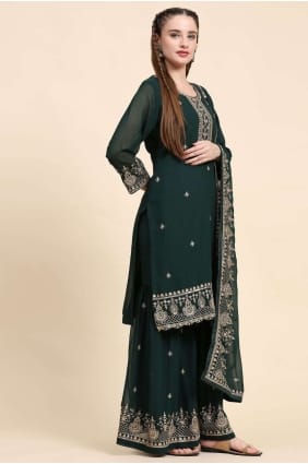 Costume Sharara en fausse georgette brodée en vert avec Dupatta PZ3785