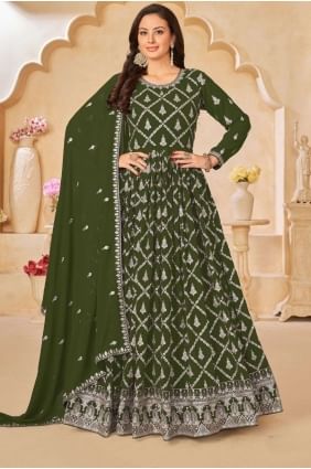 Costume Anarkali vert en fausse georgette Mahendi brodé AS3784