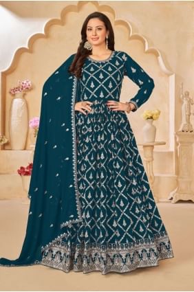 Costume Anarkali en fausse georgette bleu sarcelle avec broderie AS3786