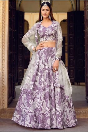 CHOLI LEHENGA EN SOIE AVEC IMPRIMÉ EN VOILET LC7515