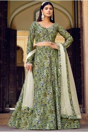 Lehenga Choli vert soie avec imprimé LC7516