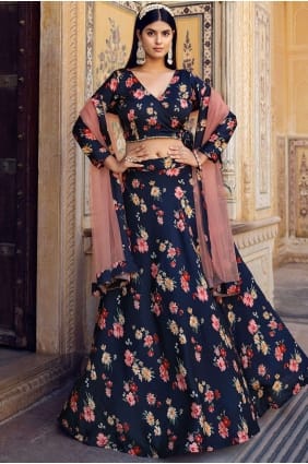 Lehenga Choli bleu en soie imprimée LC7518