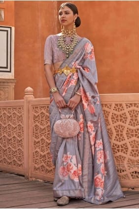 Sari gris en soie imprimée SR25873