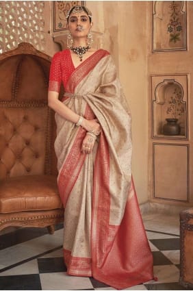 sari en soie beige banarasi avec zari, tissage SR26207