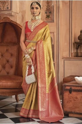 banarasi silk zari,weaving mustard sari with blouse SR26209