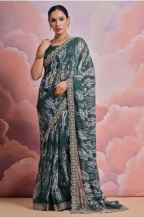 Saree vert en georgette avec des paillettes, impression numérique SR26214