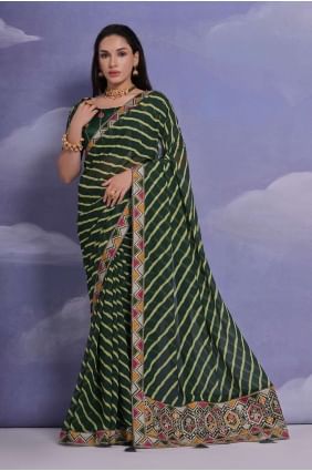 Saree en georgette verte avec des paillettes, impression numérique SR26217