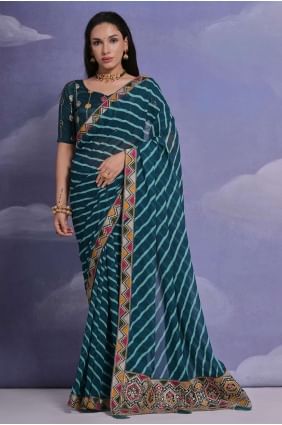 teal blue  georgette sari with sequins,digital print SR26218