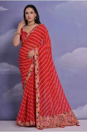 georgette sari in red with sequins,digital print SR26220