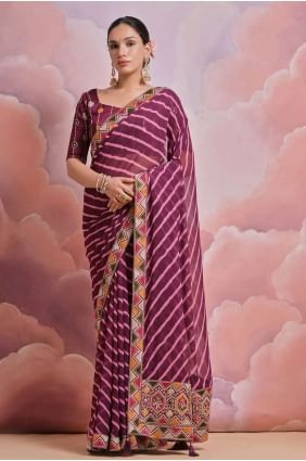 georgette sari in wine  with sequins,digital print SR26221