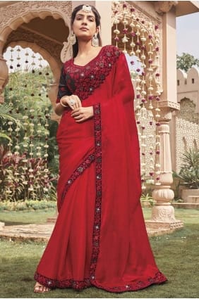shimmer embroidered wine red sari with blouse SR26222
