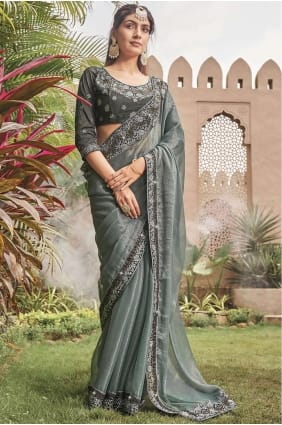 shimmer grey sari in embroidered SR26225