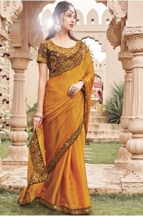 yellow shimmer sari with embroidered SR26226