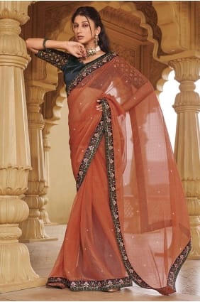 Saree orange en soie d'art brodé SR26229