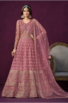 Costume Anarkali en filet brodé en rose AS3795