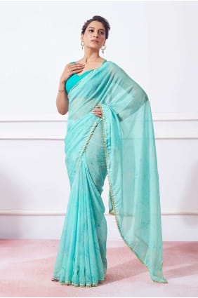 organza sari in sea green with printed,lace SR26275