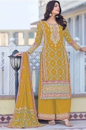 Costume palazzo Eid jaune brodé en mousseline de soie avec dupatta PZ3868