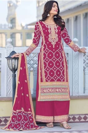 pink eid palazzo suit in chiffon with embroidered PZ3870
