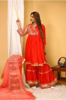 Costume palazzo uni en rayonne rouge avec dupatta PZ3879