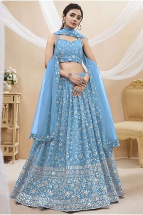 georgette brodée lehenga choli en bleu ciel LC7621