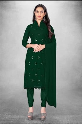 costume droit en georgette verte avec broderie SK153909
