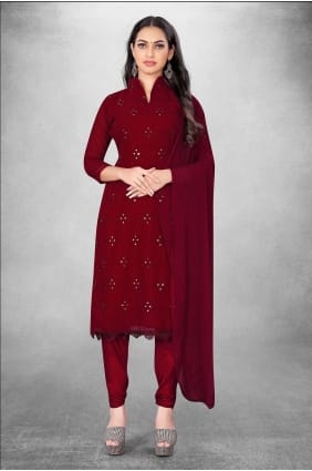 embroidered georgette straight suit in maroon with dupatta SK153911
