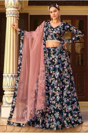 Lehenga Choli en soie imprimée en bleu LC7623