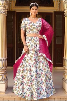 Choli Lehenga imprimé en soie blanc cassé avec dupatta LC7624