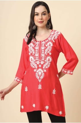 rayon kurti in red with embroidered KTI2308