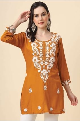 kurti in mustard rayon with embroidered KTI2309