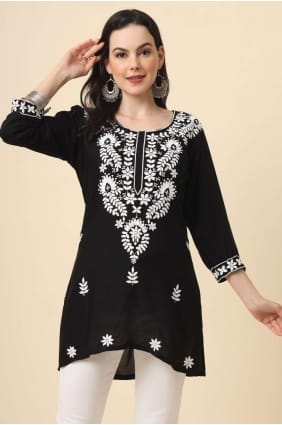 kurti in black rayon with embroidered KTI2311
