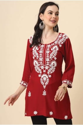 maroon kurti in embroidered rayon KTI2312
