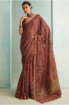 jute sari in brown with zari,beads,printed,weaving SR26310