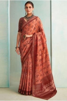 zari,beads,printed,weaving jute sari in brown with blouse SR26312