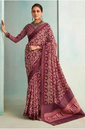 wine sari in jute with zari,beads,printed,weaving SR26314