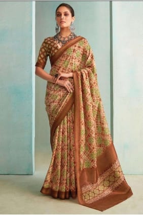 jute sari in beige with zari,beads,printed,weaving SR26318