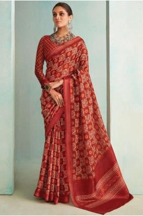 jute sari in maroon with zari,beads,printed,weaving SR26319