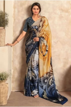 Saree en satin jaune avec impression numérique SR26322